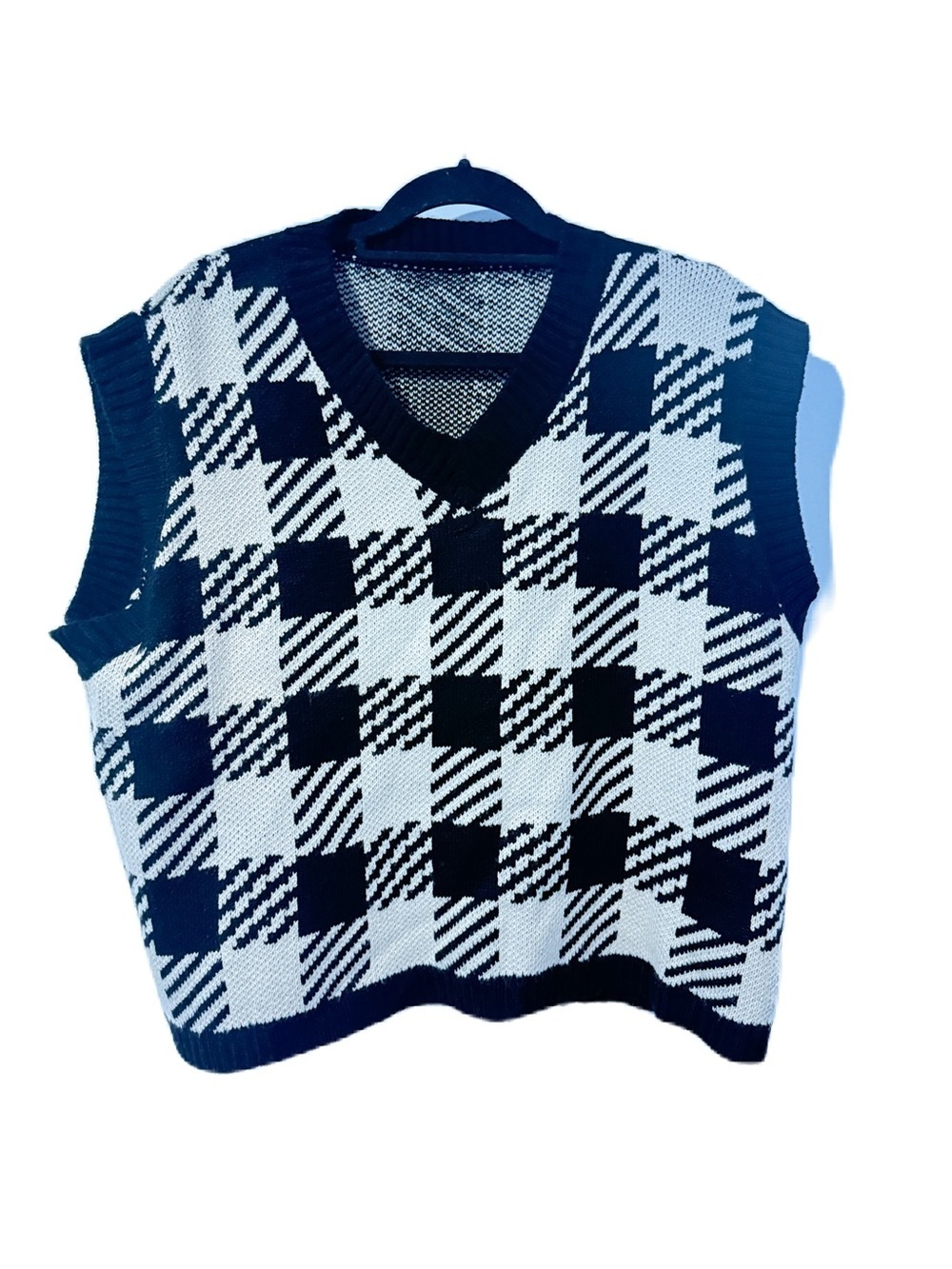 Black & White Plaid Knit Sweater Vest